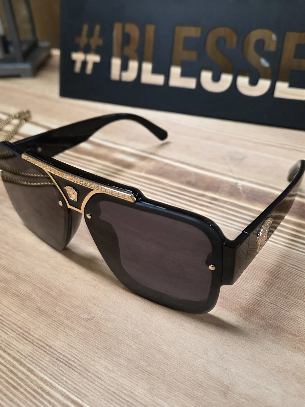 Unisex Black and Gold Aviator Sunglasses